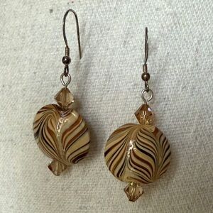 Cappuccino Lampwork Art Glass Bead Earrings Brown Swirl